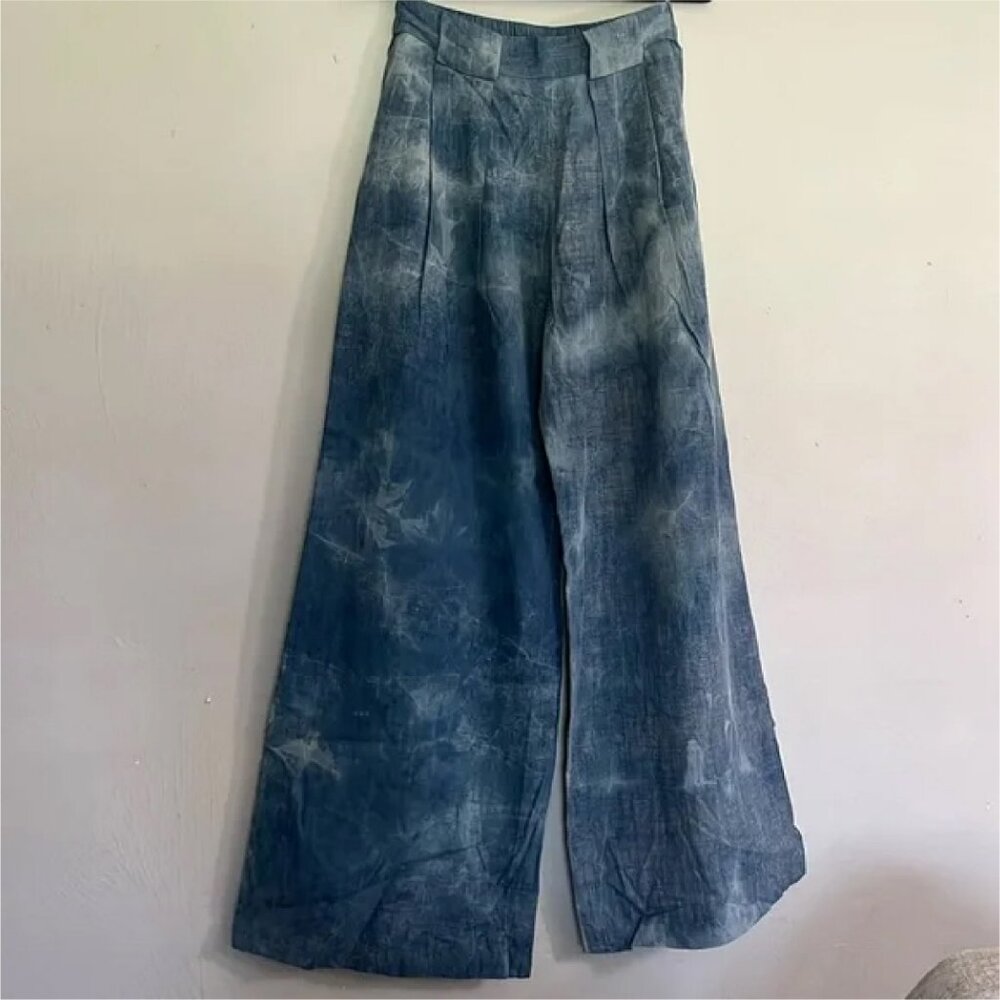 Italian High Waist Wide Leg Tie Dye Cotton Pants IT42 Us4/8 Denim look - Picture 6 of 9